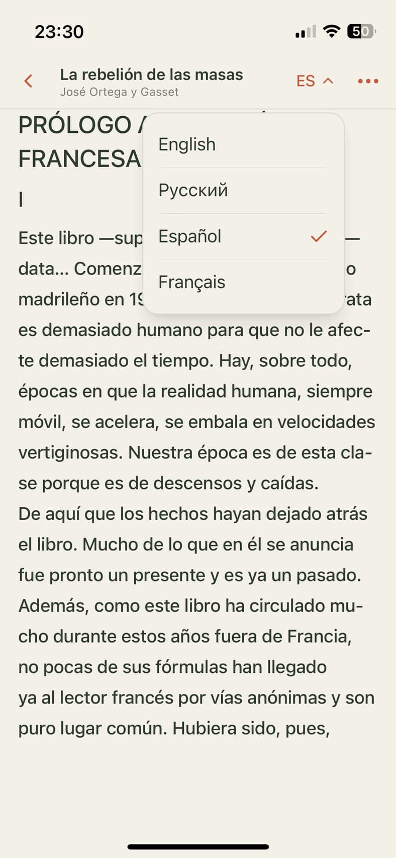 The Spanish edition of The Voyage of the Beagle in Globoox, with the reading language menu open.
