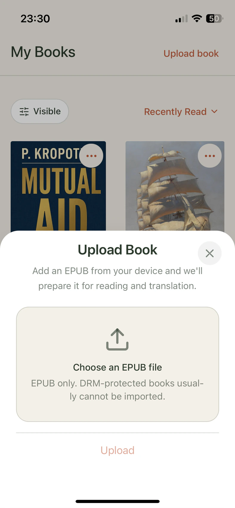 Globoox library with the Upload Book dialog open and the option to choose an EPUB file.