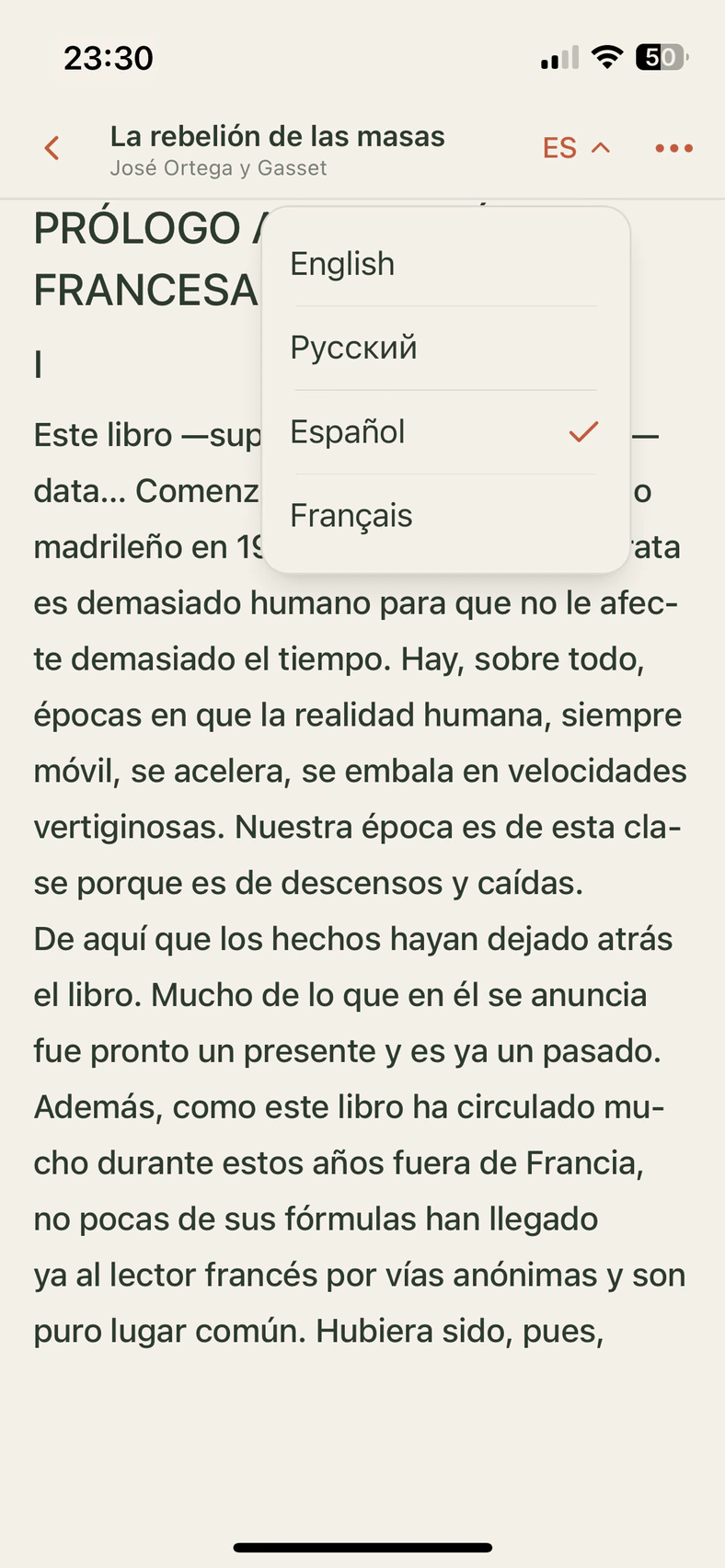 The Spanish edition of The Voyage of the Beagle in Globoox, with the reading language menu open.